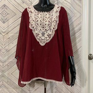nwt Umgee 1X cream maroon sheer kaftan blouse